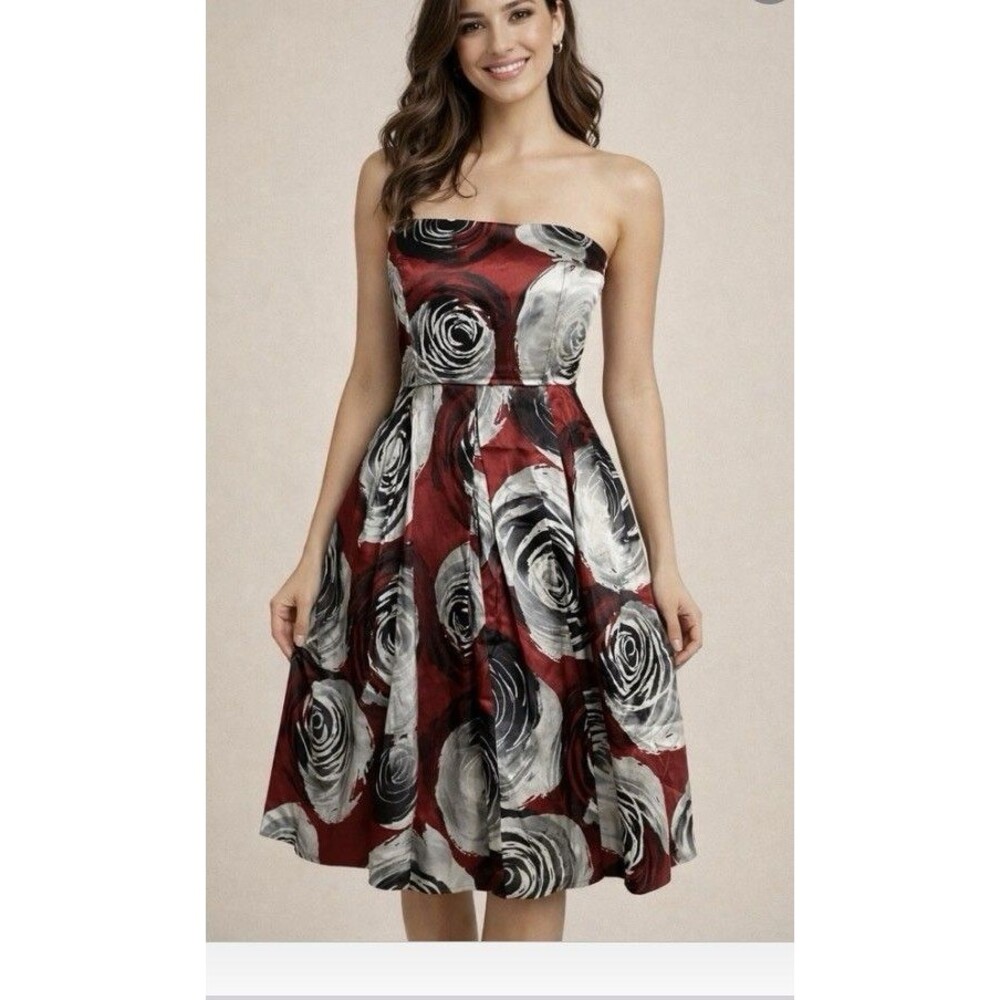 Laundry by Shelli Segal Dress Strapless with pleats red black silver Roses 2 - Picture 1 of 12